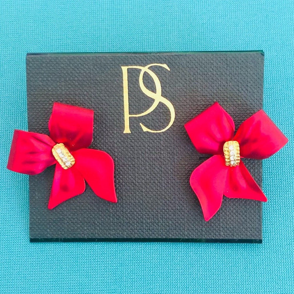 Metallic Red Ribbon Earrings Accented with Gold & Diamond Sash